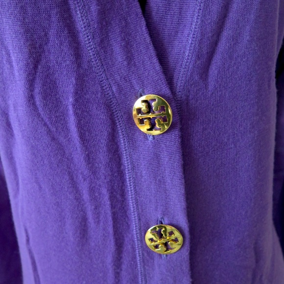 Purple Tory Burch Merino Cardigan, Gold Logo Buttons - Picture 3 of 9